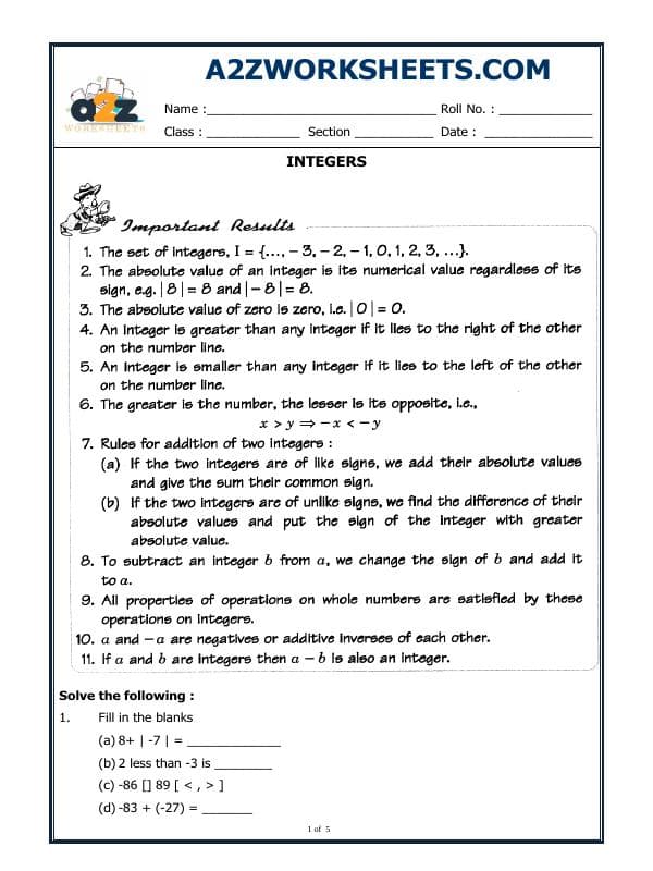 A2ZWorksheets:Maths-Integers-Integers