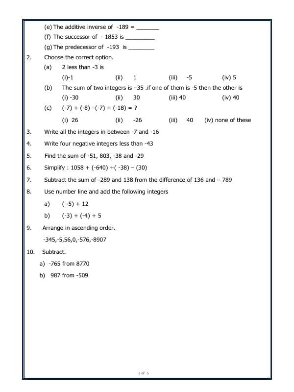 A2ZWorksheets:Maths-Integers-Integers