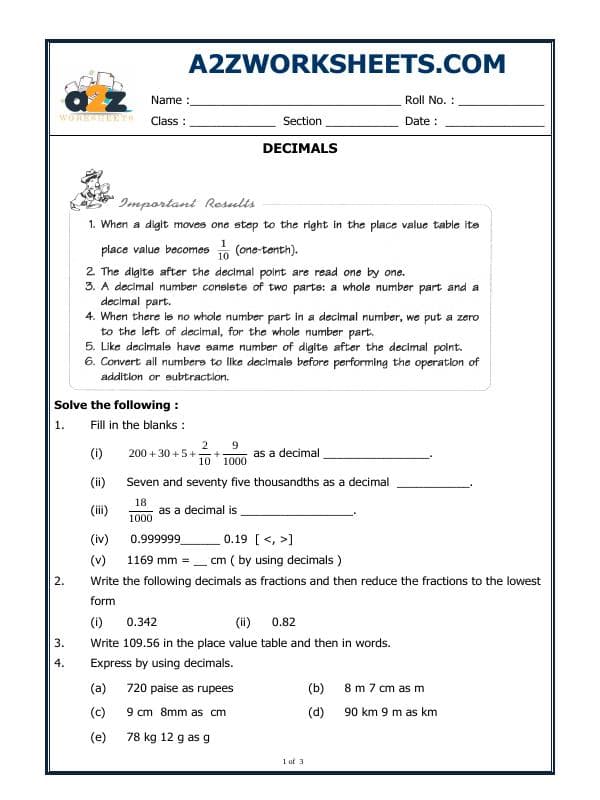 A2ZWorksheets:Maths-Decimals-Decimals