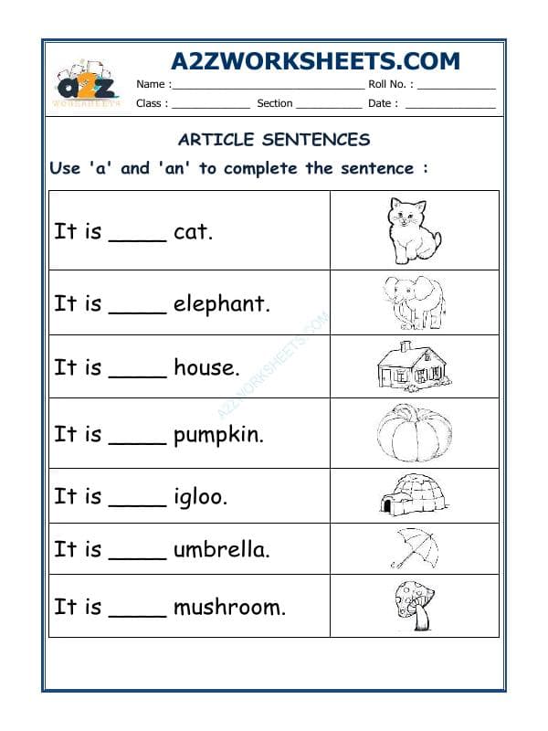 A2ZWorksheets:English-Grammar-Article Sentences