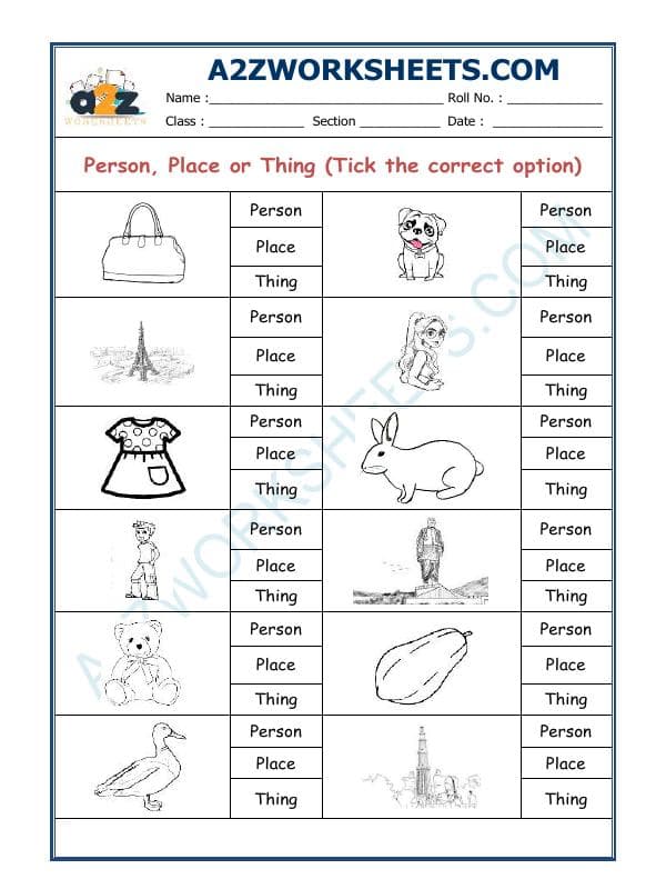 A2ZWorksheets:English-Grammar-Nouns (Person, Place Or Thing)
