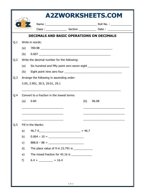 A2ZWorksheets:Maths-Decimals-Decimals And Basic Operations On Decimals