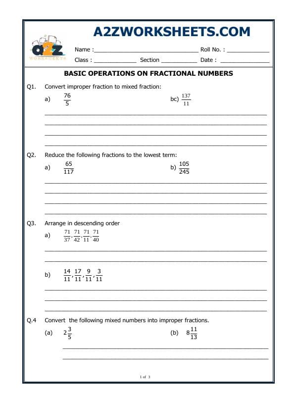 A2ZWorksheets:Maths-Fractions-Basic Operations On Fractional Numbers