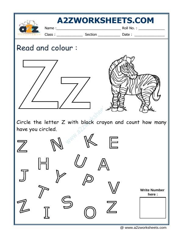 A2ZWorksheets:English-Recognition-Read And Colour Z