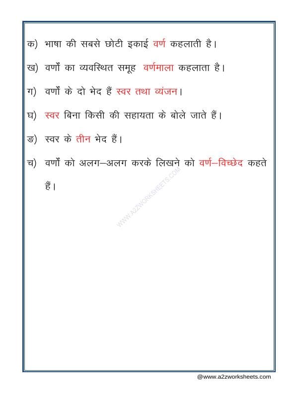A2ZWorksheets:Language-Hindi-Varn Vichar Aur Ucharan (वर्णविचार)