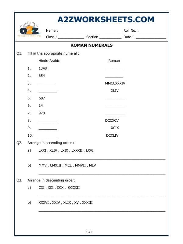A2ZWorksheets:Maths-Numbers-Roman Numerals