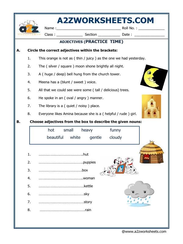 A2ZWorksheets:English-Grammar-Adjectives Practice Time
