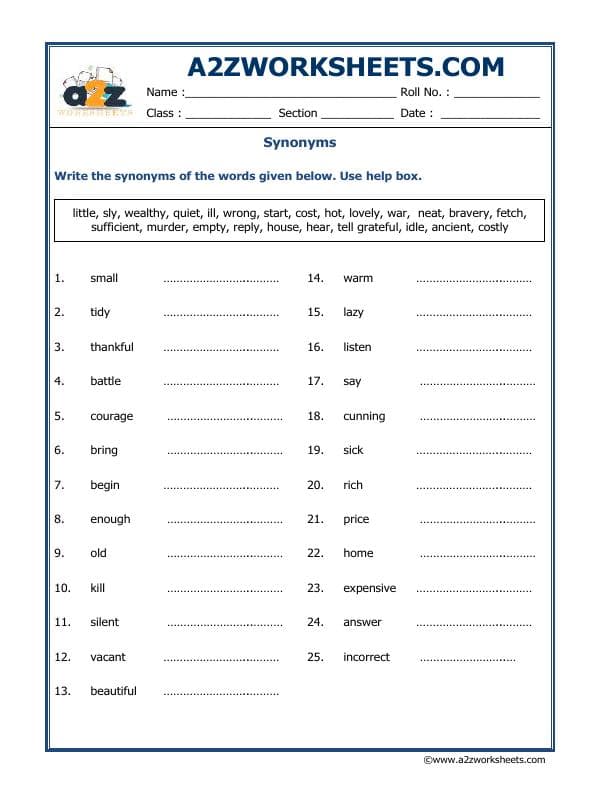 A2ZWorksheets:English-Grammar-Synonyms-01