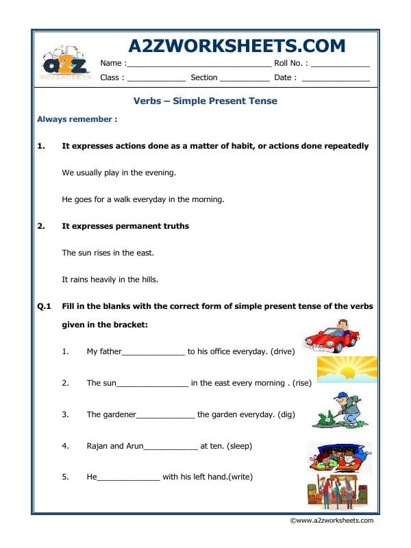 A2ZWorksheets:English-Grammar-Verbs – Simple Present Tense