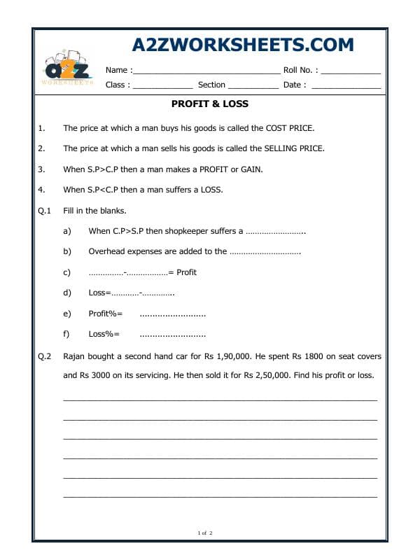 A2ZWorksheets:Maths-Measurement-Profit and Loss