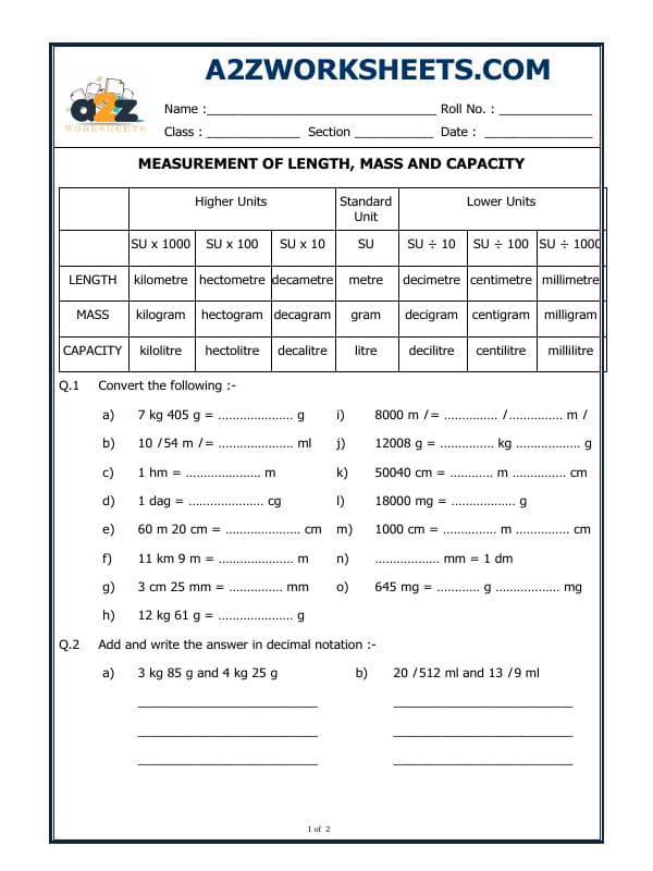 A2ZWorksheets:Maths-Measurement-Measurement Of Length, Mass And Capacity