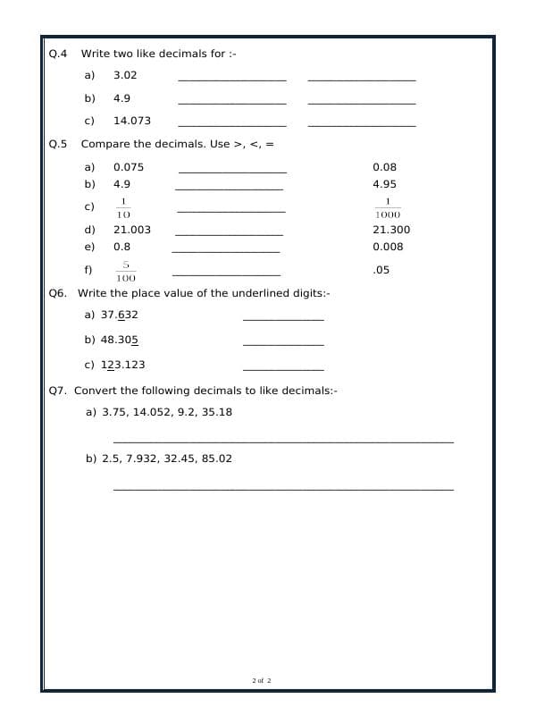 A2ZWorksheets:Maths-Decimals-Decimals