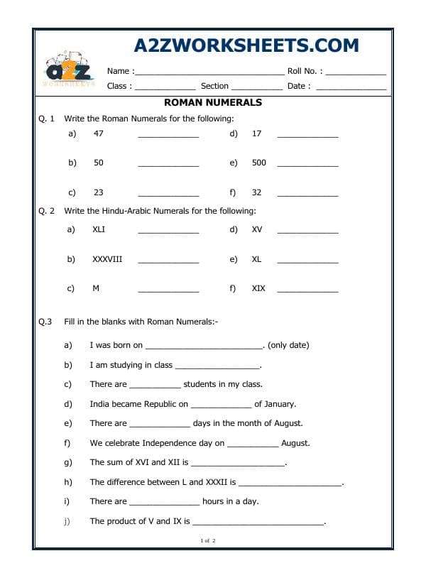A2ZWorksheets:Maths-Numbers-Roman Numerals