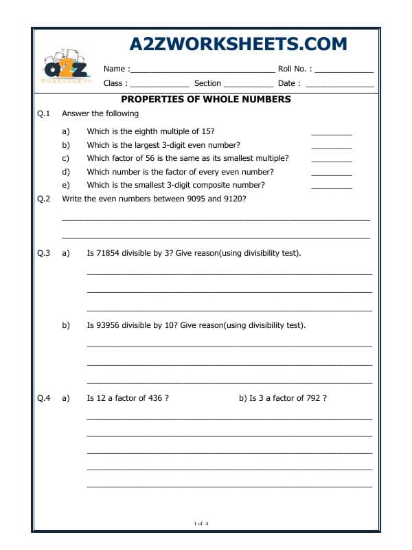 A2ZWorksheets:Maths-Numbers-Properties Of Whole Numbers
