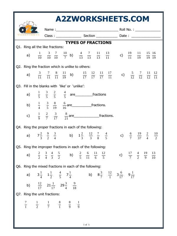 A2ZWorksheets:Maths-Fractions-Types Of Fractions