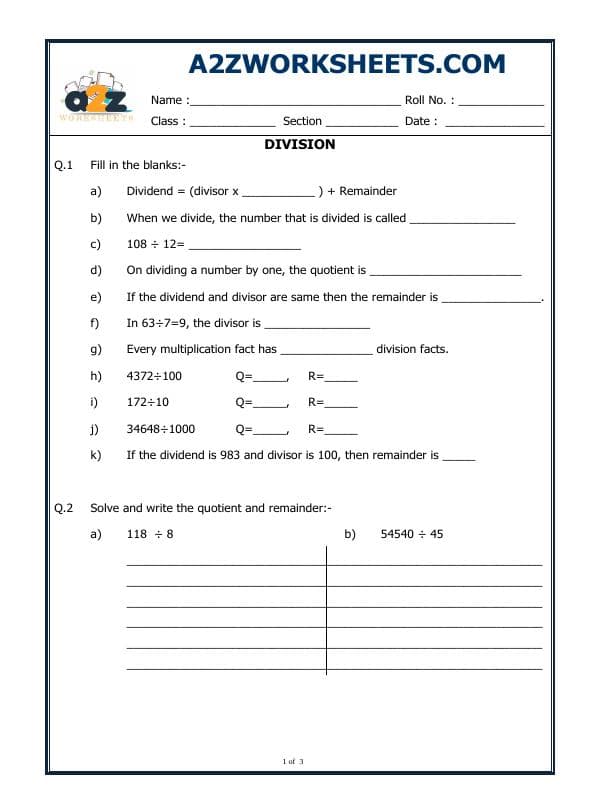 A2ZWorksheets:Maths-Division-Division