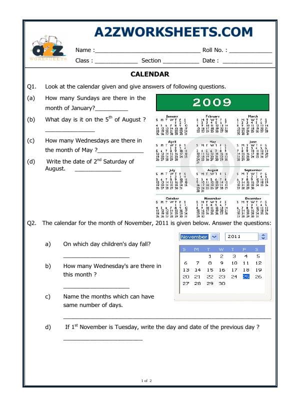 A2ZWorksheets:Maths-Calendar-Calendar