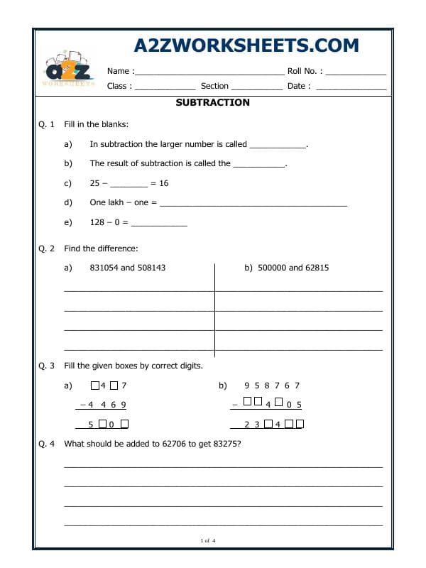 A2ZWorksheets:Maths-Subtraction-Subtraction