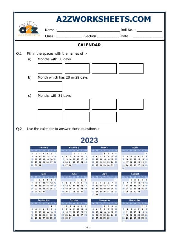 A2ZWorksheets:Maths-Calendar-Calendar