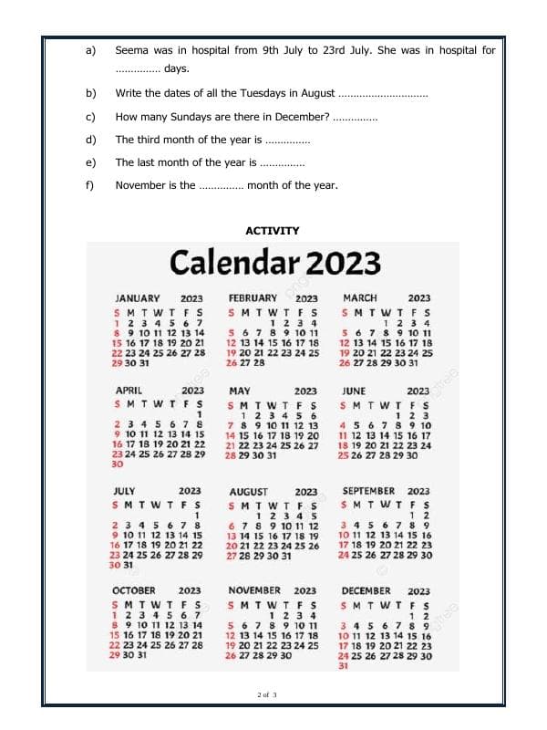 A2ZWorksheets:Maths-Calendar-Calendar