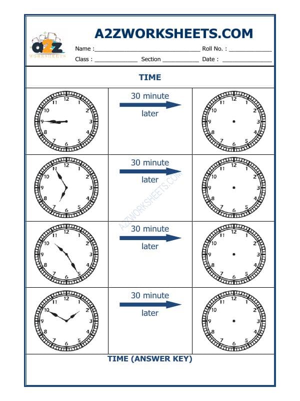 A2ZWorksheets:Maths-Measurement-Telling Time - 30 Minutes Interval (Draw The Clock) - 16