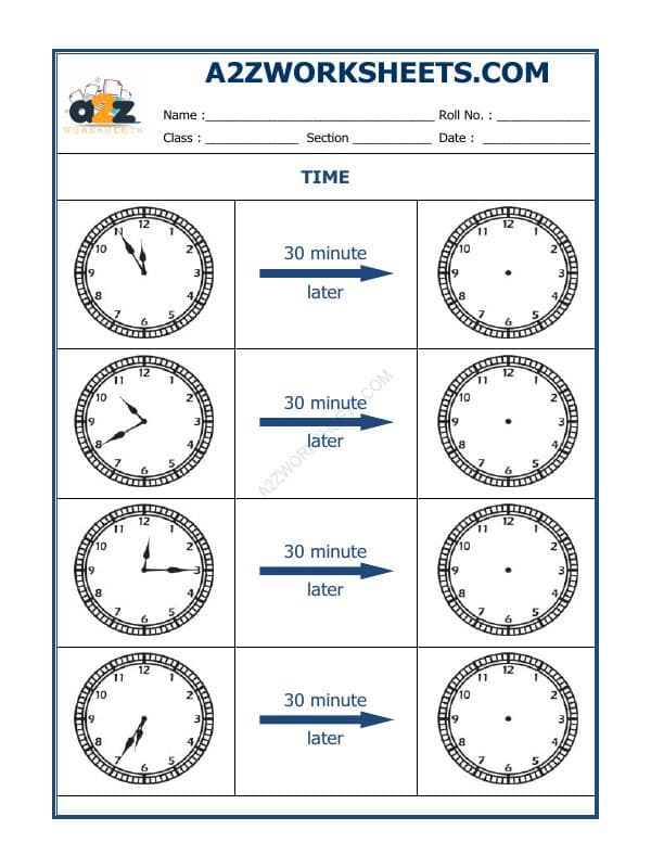 A2ZWorksheets:Maths-Measurement-Telling Time - 30 Minutes Interval (Draw The Clock) - 18