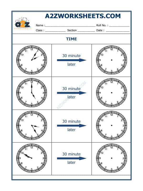 A2ZWorksheets:Maths-Measurement-Telling Time - 30 Minutes Interval (Draw The Clock) - 19
