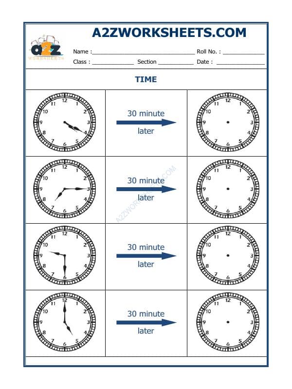 A2ZWorksheets:Maths-Measurement-Telling Time - 30 Minutes Interval (Draw The Clock) - 20