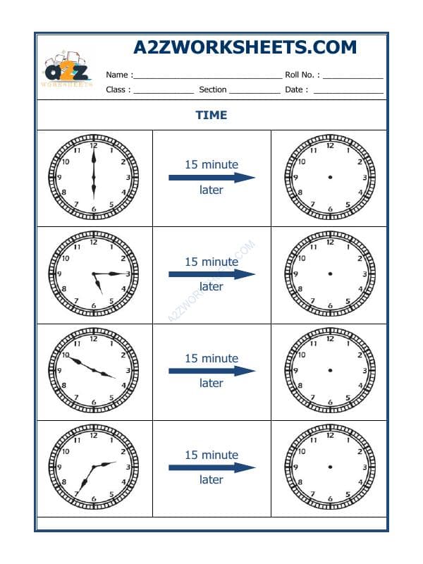 A2ZWorksheets:Maths-Measurement-Telling Time - 15 Minutes Interval (Draw The Clock) - 23