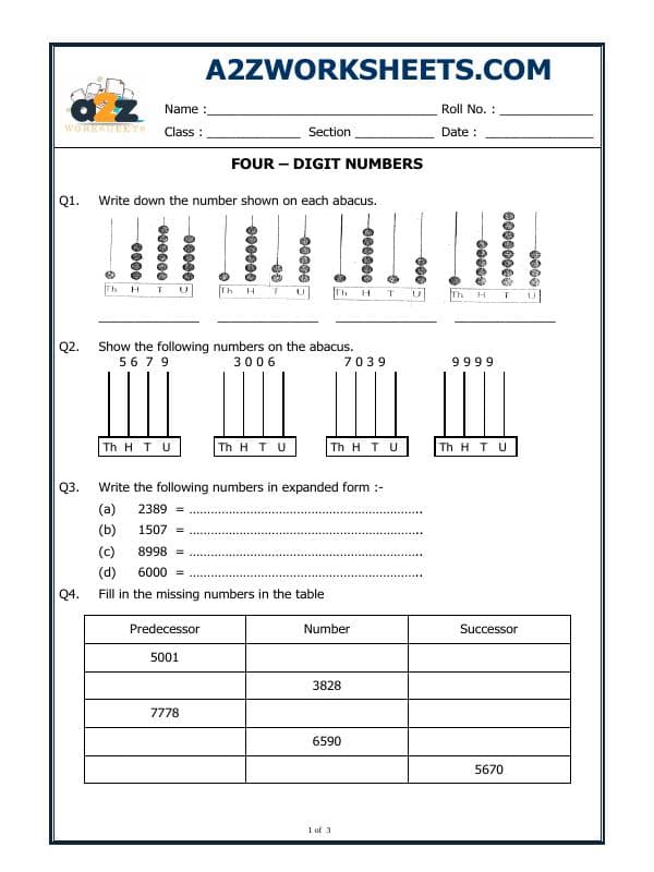 A2ZWorksheets:Maths-Numbers-Digit Numbers