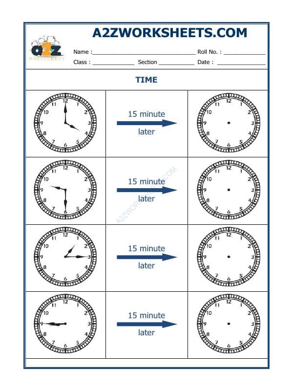 A2ZWorksheets:Maths-Measurement-Telling Time - 15 Minutes Interval (Draw The Clock) - 28