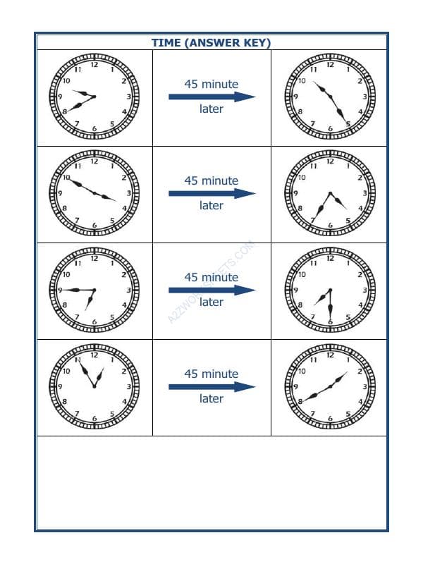 A2ZWorksheets:Maths-Measurement-Telling Time - 45 Minutes Interval (Draw The Clock) - 40