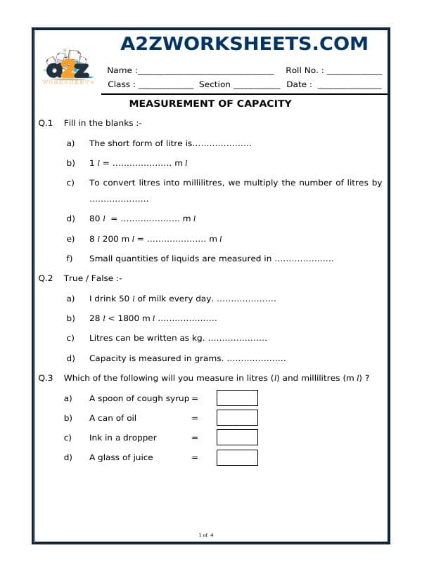 A2ZWorksheets:Maths-Measurement-Measurement Of Capacity