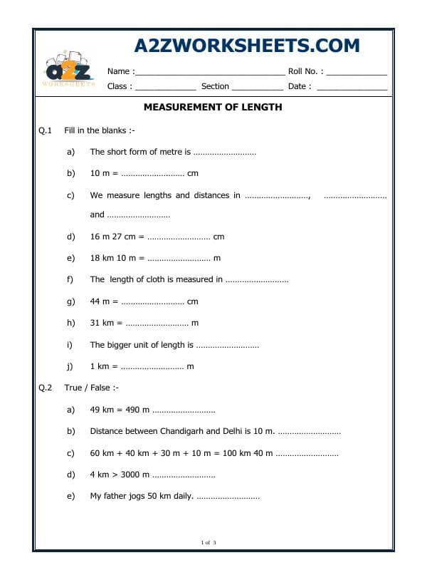 A2ZWorksheets:Maths-Measurement-Measurement Of Length
