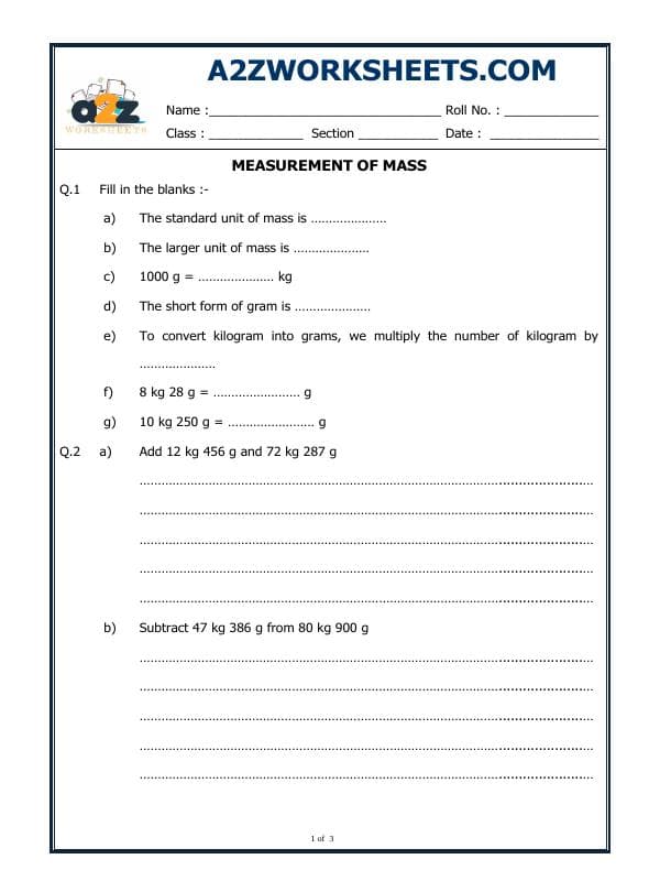 A2ZWorksheets:Maths-Measurement-Measurement Of Mass