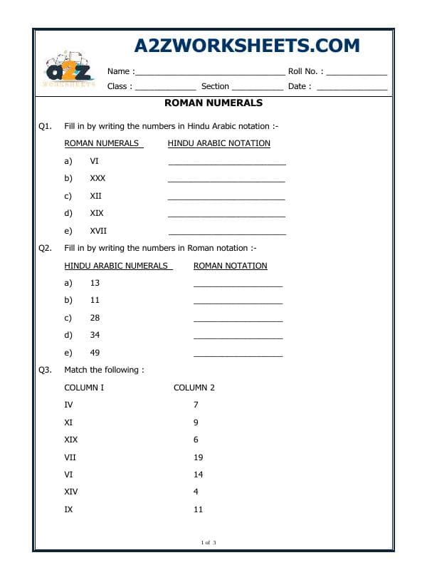A2ZWorksheets:Maths-Numbers-Roman Numerals