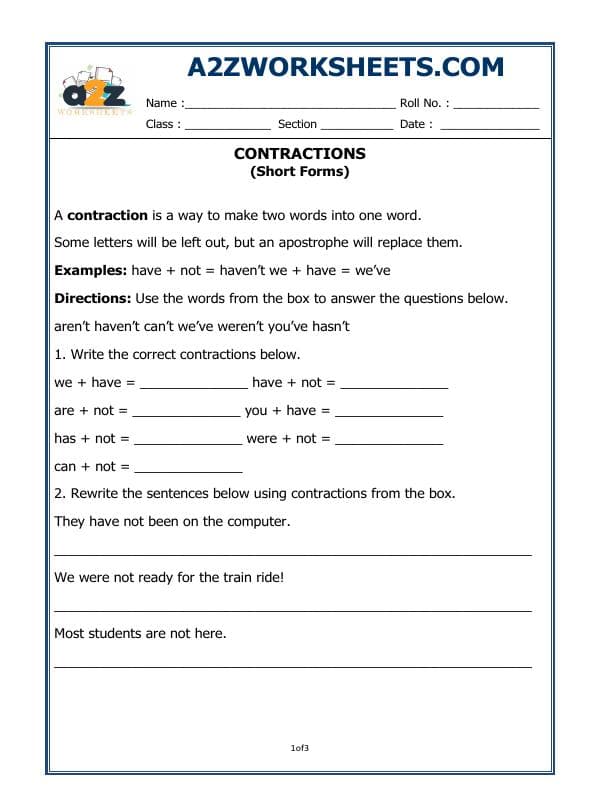 A2ZWorksheets:English-Grammar-Contractions (Short Forms)