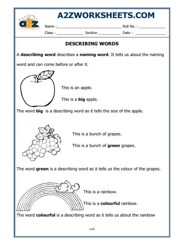 A2ZWorksheets:English-Grammar-Describing Words