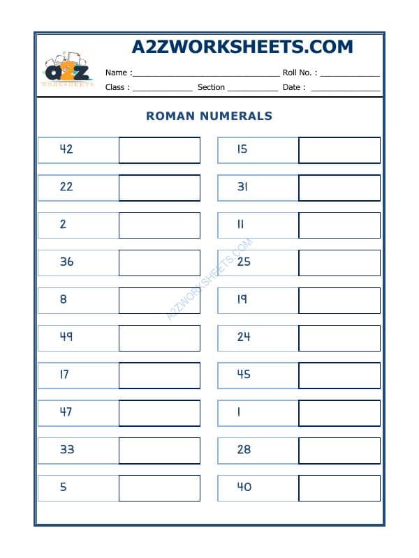 A2ZWorksheets:Maths-Numbers-Roman Numerals - 07