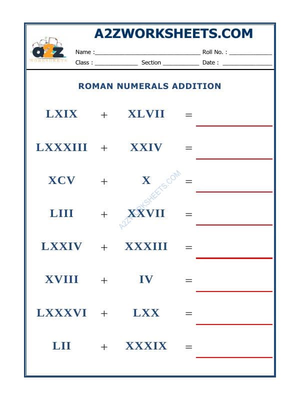 A2ZWorksheets:Maths-Numbers-Roman Numerals - 10