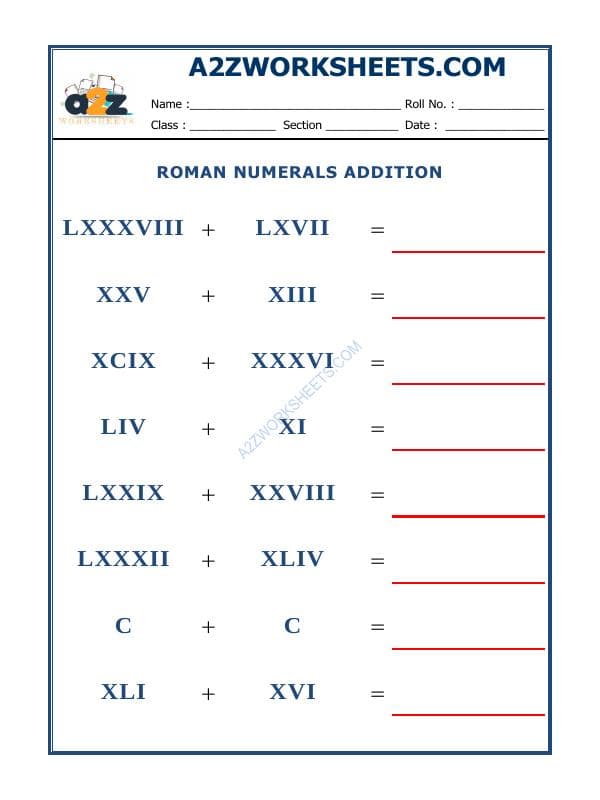 A2ZWorksheets:Maths-Numbers-Roman Numerals - 11