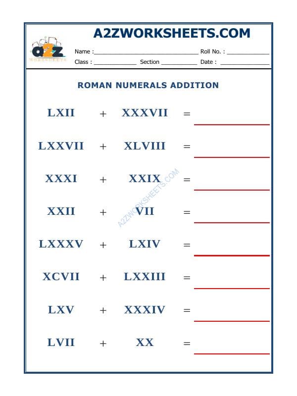 A2ZWorksheets:Maths-Numbers-Roman Numerals - 12
