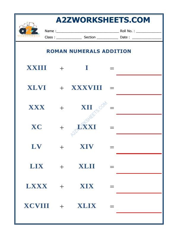 A2ZWorksheets:Maths-Numbers-Roman Numerals - 14