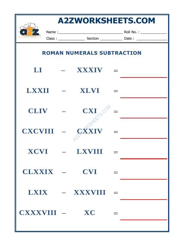 A2ZWorksheets:Maths-Numbers-Roman Numerals - 16