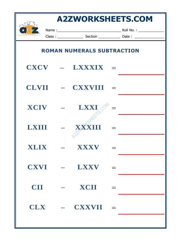 A2ZWorksheets:Maths-Numbers-Roman Numerals - 17
