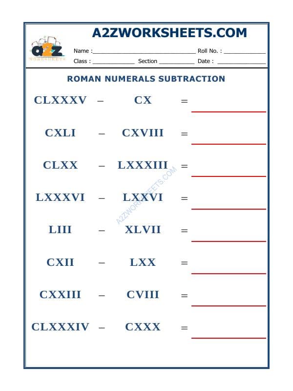 A2ZWorksheets:Maths-Numbers-Roman Numerals - 18