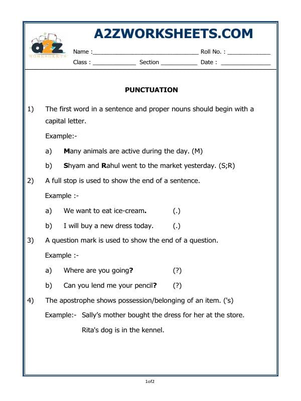 A2ZWorksheets:English-Grammar-Punctuation