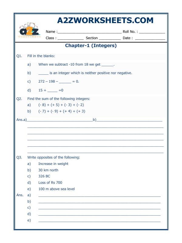 A2ZWorksheets:Maths-Integers-Integers - 02