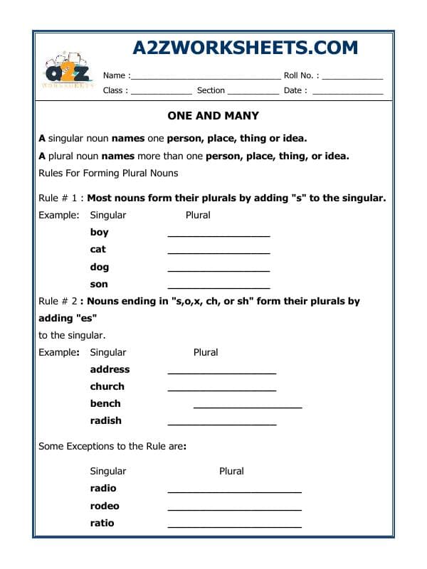 A2ZWorksheets:English-Grammar-Singular Plural