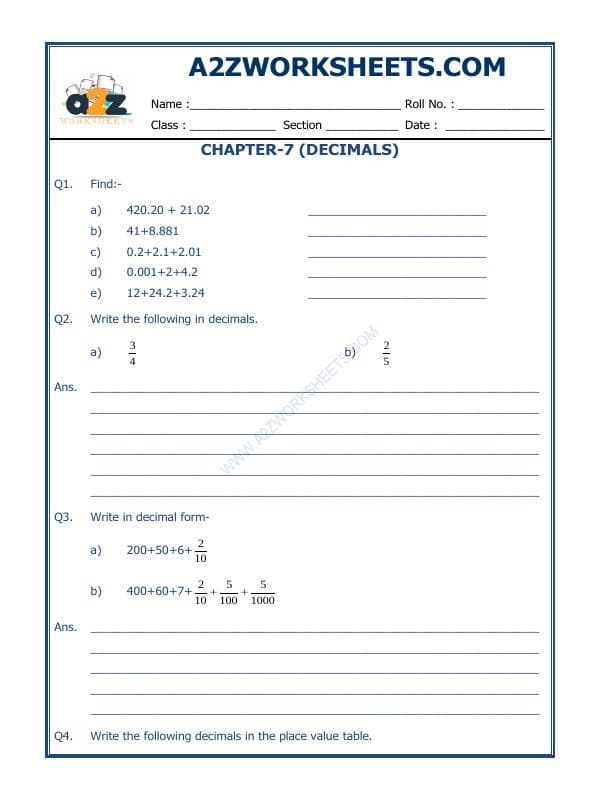 A2ZWorksheets:Maths-Decimals-Decimals - 05